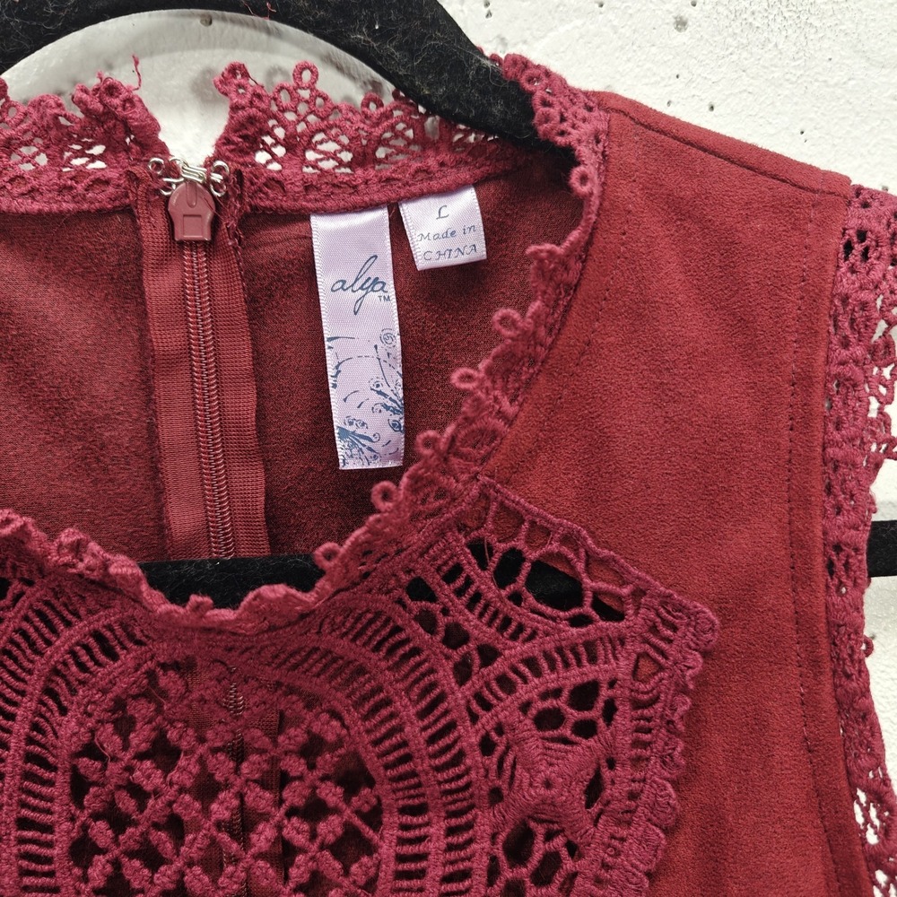 Alya Womens Blouse Large Burgundy Red Faux Suede Lace Peplum Tank Top‎ - Picture 3 of 5